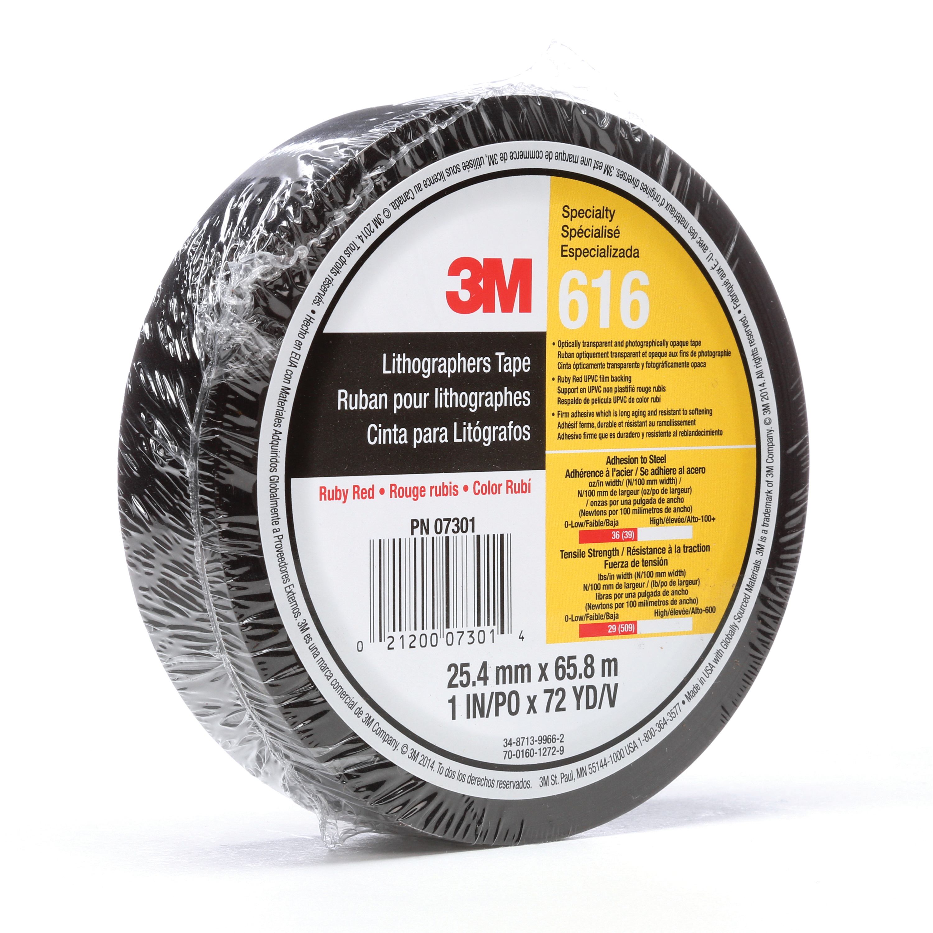 3M™ 7000050036 Lithographers Tape, 72 yd L x 1 in W, 2.4 mil THK, Rubber Adhesive, UPVC Backing, Ruby Red