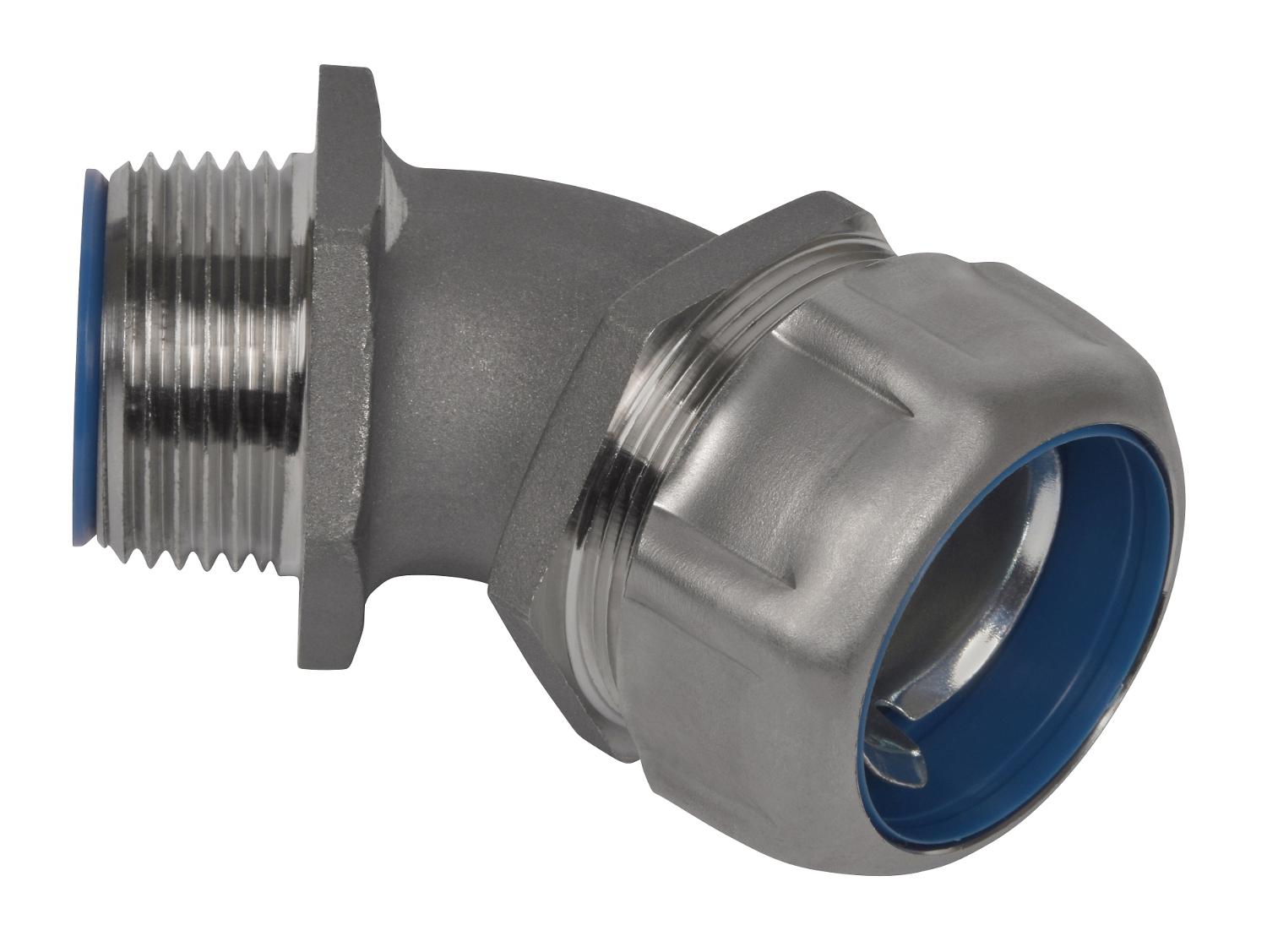 T&B® Industrial Fitting Safe Edge® 5347SST6 Insulated NPT Thread Standard Liquid Tight Conduit Connector With Dura Plate Ground Cone, 2 in Trade, 2 in Cable Openings, 45 deg, 316 Stainless Steel