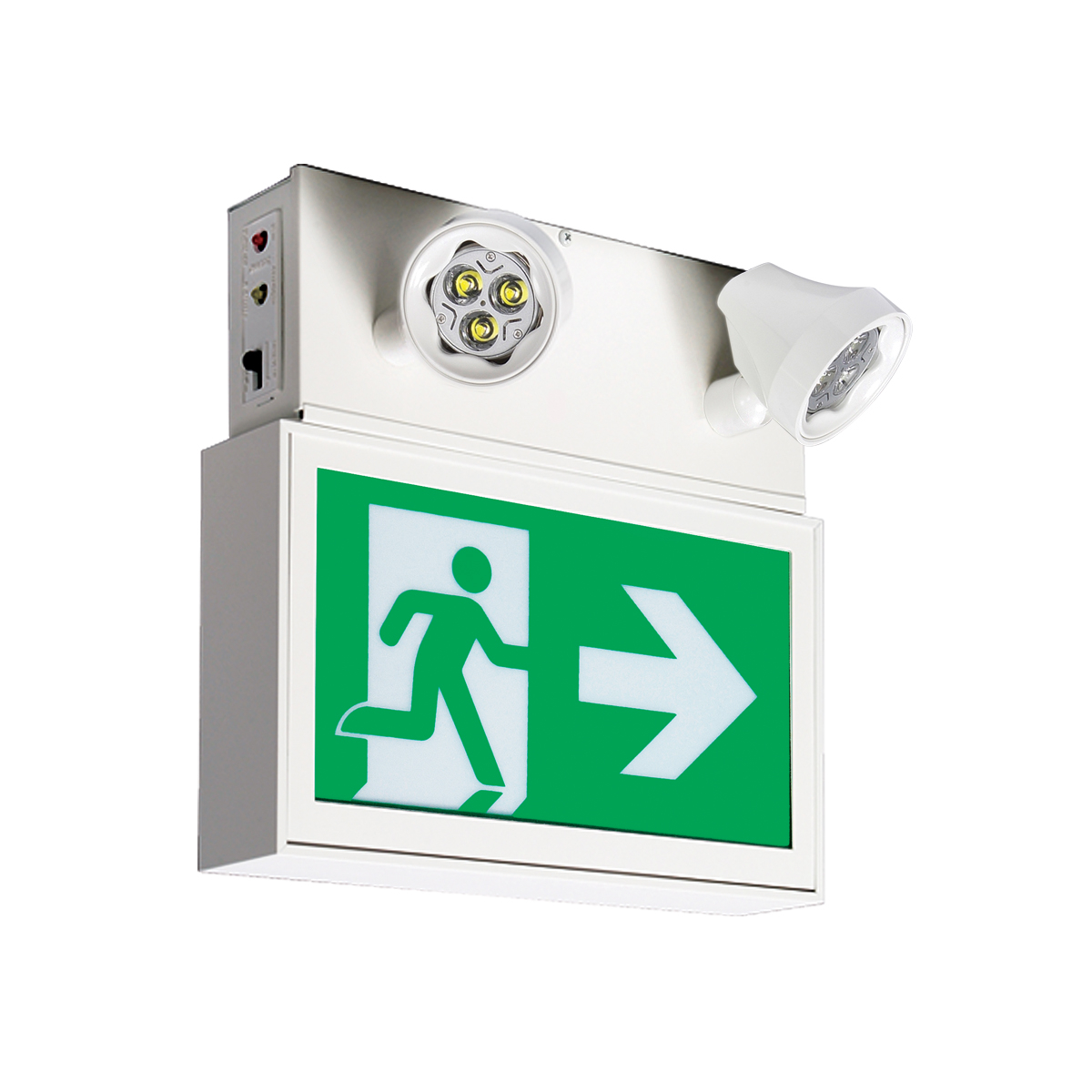 Lumacell® LAC1W12502LD7 Pictogram Self-Powered Single Face Combination Exit Sign Unit, LED/MR16 Lamp, 50 W Fixture, 120/347 VAC, 12 VDC, Factory White Housing, ON Legend