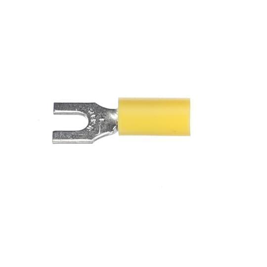Sta-Kon® 10RC-8F RC Series Insulated Fork Terminal, 12 to 10 AWG Conductor, 1.09 in L, Brazed Seam/Serrated Barrel, Copper, Yellow