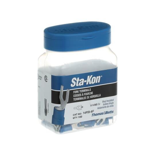 Sta-Kon® 14RB-6F RB Series Insulated Fork Terminal, 18 to 14 AWG Conductor, 0.97 in L, Brazed Seam/Serrated Barrel, Copper, Blue