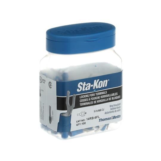 Sta-Kon® 14RB-6FL RB Series Insulated Locking Fork Terminal, 18 to 14 AWG Conductor, 0.97 in L, Brazed Seam/Serrated Barrel, Copper, Blue