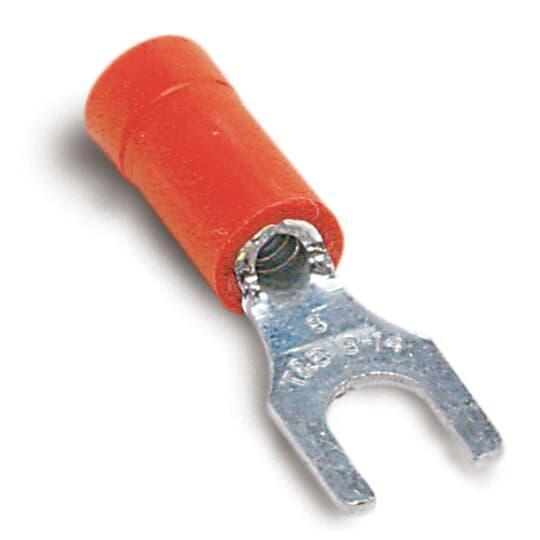 Sta-Kon® 18RA-8FCP RA Series Insulated Fork Terminal, 22 to 18 AWG Conductor, 0.97 in L, Brazed Seam/Serrated Barrel, Copper, Red