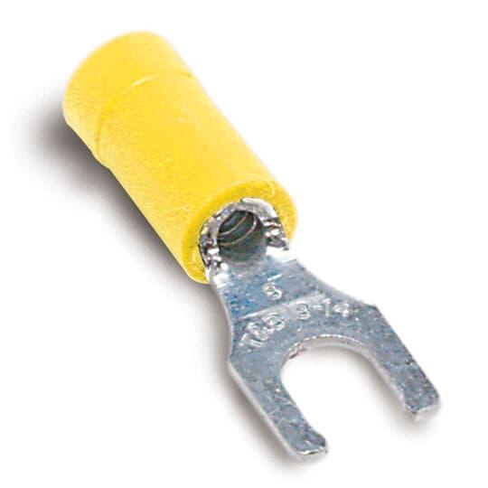 Sta-Kon® 10RC-14FL RC Series Insulated Locking Fork Terminal, 12 to 10 AWG Conductor, 1.09 in L, Brazed Seam/Serrated Barrel, Copper, Yellow