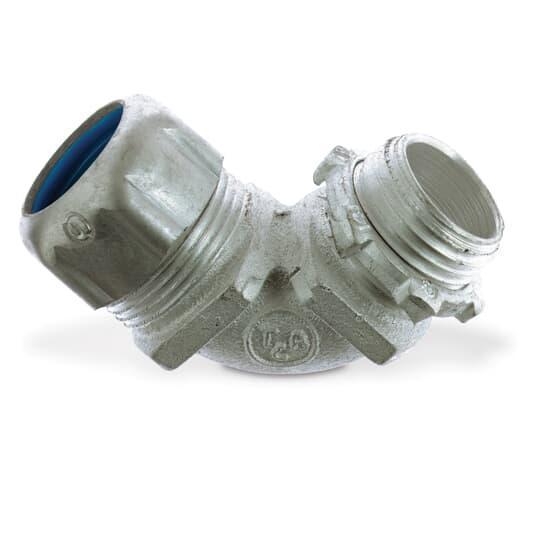 T&B® Industrial Fitting 5251AL Non-Insulated Liquid Tight Conduit Connector, 3/8 in Trade, 1/2 in Cable Openings, 90 deg, Aluminum, Zinc Plated/Clear Chromate