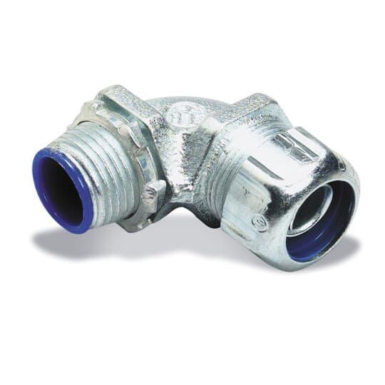 T&B® Industrial Fitting 5252 Non-Insulated Liquid Tight Conduit Connector, 1/2 in Trade, 90 deg, Malleable Iron, Chromate Coated/Electro-Plated Zinc