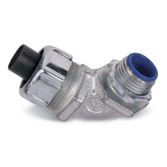 T&B® Industrial Fitting Plastic Bullet® LT950M Flexible Liquid Tight Conduit Connector With Nylon Insert, 1/2 in Trade, 90 deg, Steel