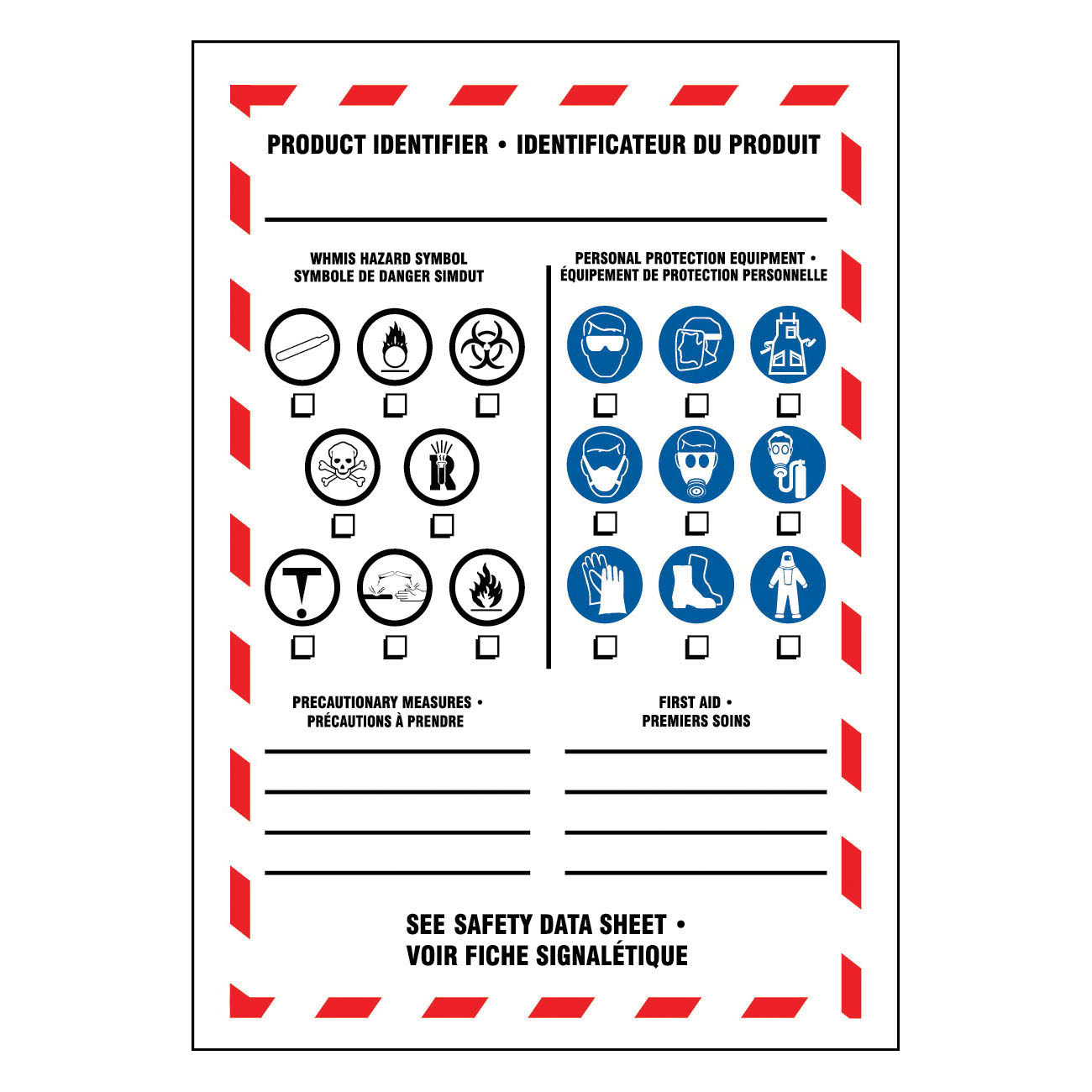 Accuform® LZW305 Bilingual Safety Label, 5 in L x 3-1/2 in W, WHMIS PRODUCT IDENTIFIER (English, French) Legend, Black/Red/White on Blue, Adhesive Vinyl, 5 per Pack Labels