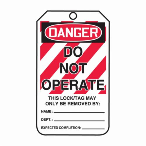 Accuform® MLT400CTP Lockout Safety Tag, 5-3/4 in H x 3-1/4 in W, Black/Red/White, 3/8 in Hole, Cardstock