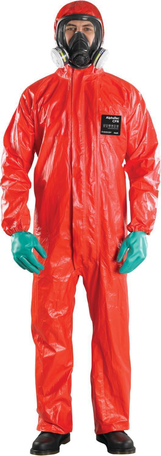 AlphaTec® RD96-T-92-111-08 CFR - Model 111 Chemical Barrier Flame-Retardant Multi-Hazard Solution Suit/Taped Hooded Coverall, ASTM F1671/F903/F739/D1117/D1682/D3786-87/F1930, 4XL, Hi-Viz Bright Red, PVC Coated Microchip CFR Fabric, 31 in L Inseam