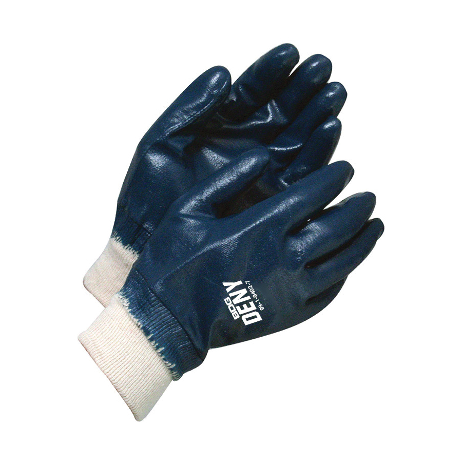 BDG DENY™ 99-1-9402 General Purpose Gloves, Coated, Wing Thumb Style, XL/SZ 10, Nitrile Palm, Cotton Jersey/Nitrile, Blue, Knit Wrist Cuff, Nitrile Coating, Resists: Abrasion, Cut, Oil, Puncture, Snag and Tear, Unlined Lining