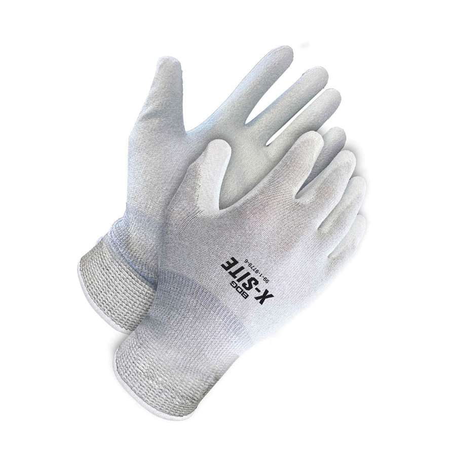 BDG X-SITE™ 99-1-9779-10 Touchscreen Gloves, Solid Grip Style, Anti-Static Fabric, White, Elastic Knit Wrist/Hemmed Cuff, Polyurethane Coating, Resists: Abrasion, Tear and Dust, EN 388 - 4141X/EN 1149, Paired Hand