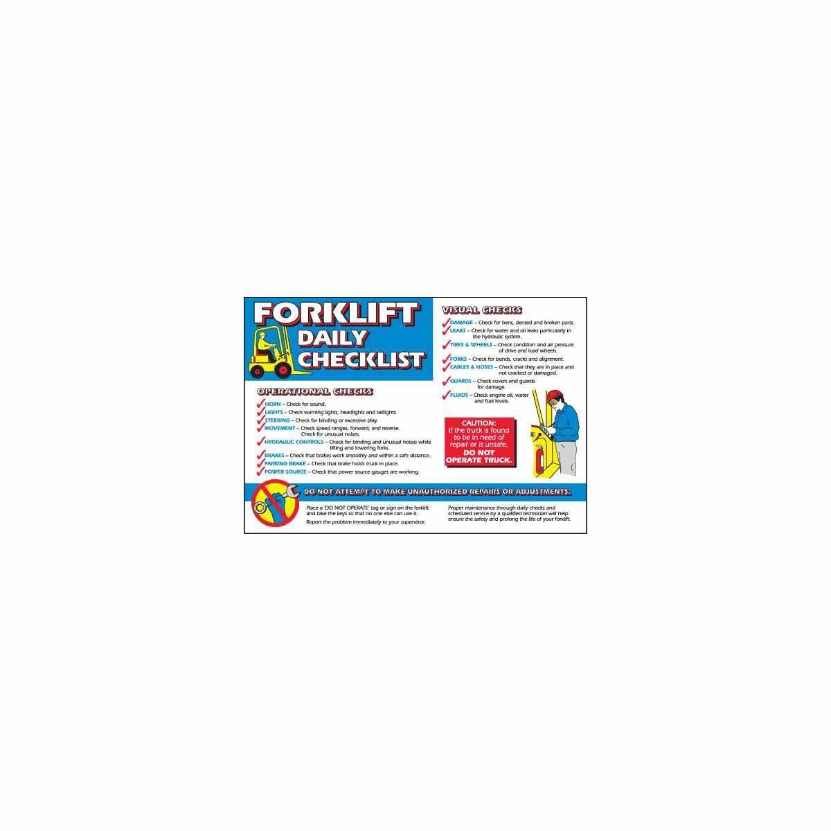 Brady® 105633 Laminated Rectangular Safety Poster, English, FORKLIFT DAILY CHECKLIST OPERATIONAL CHECKS VISUAL CHECKS (CON'T), 29 in W