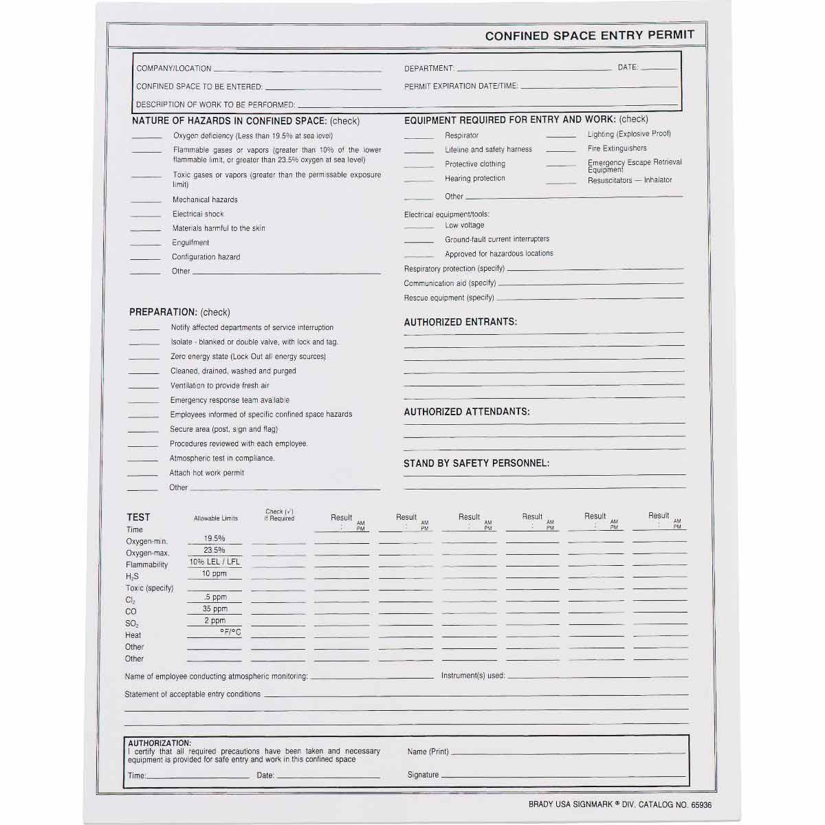 Brady® 65936 Confined Space Entry Permit, English, CONFINED SPACE ENTRY PERMIT, 11 in L x 8-1/2 in W
