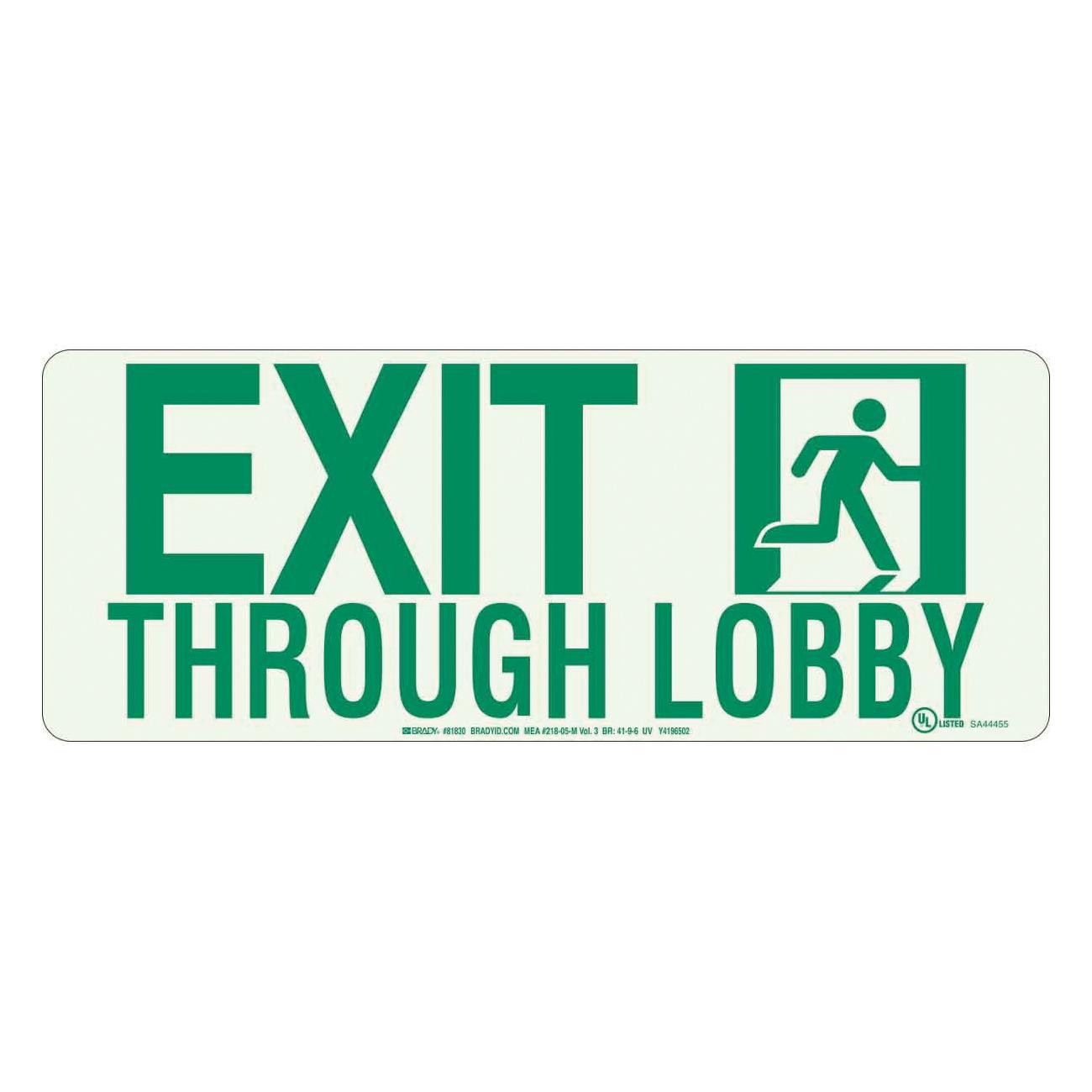Brady® BradyGlo™ 81830 Rectangle Exit Sign, 14 in H x 18 in W, Green on Glow, B-523 Glow-In-The-Dark Polyester