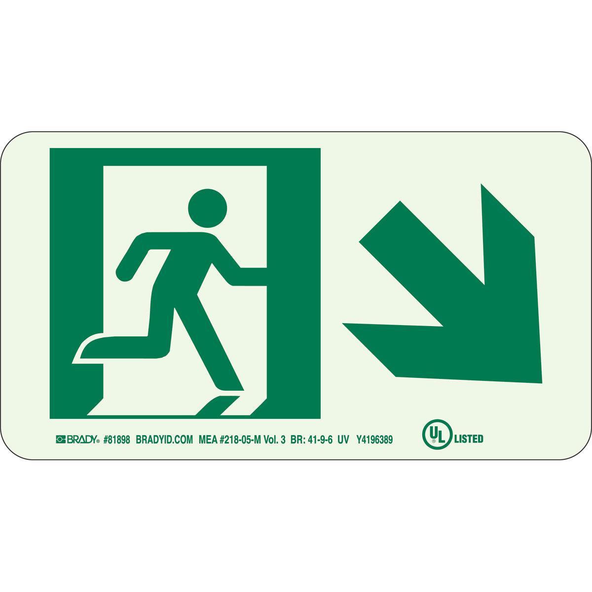 Brady® BradyGlo™ 81900 Glow-In-The-Dark High Intensity Rectangular Safety Guidance Sign, No Header, 5 in H x 3 in W, Green on Glow, B-552 Aluminum, Corner Hole/Surface Mount