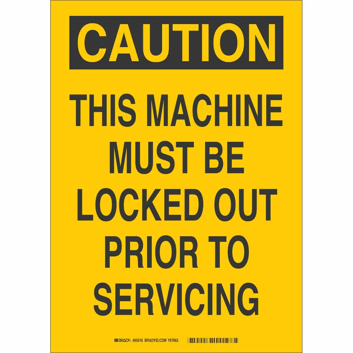 Brady® 122776 Rectangular Lockout Tagout Sign, CAUTION, 10 in H x 7 in W, Black on Yellow, B-120 Fiberglass, Corner Hole Mount