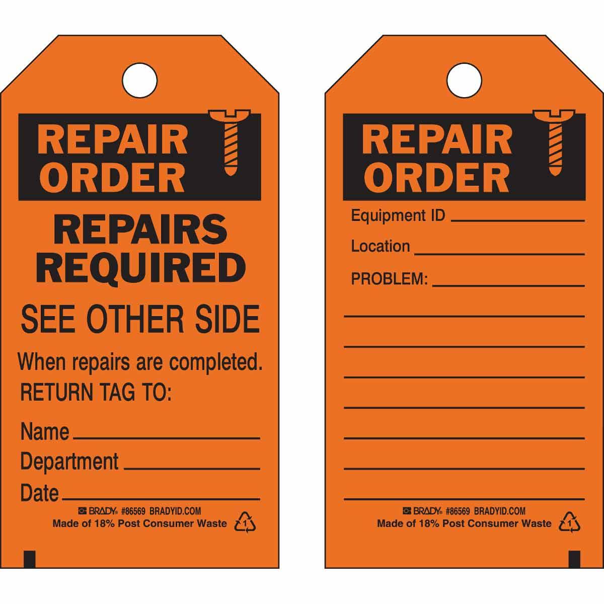 Brady® 86569 Rectangular Inspection and Material Control Tag, 5-3/4 in H x 3 in W, Black on Orange, 3/8 in Hole, B-851 Polyester