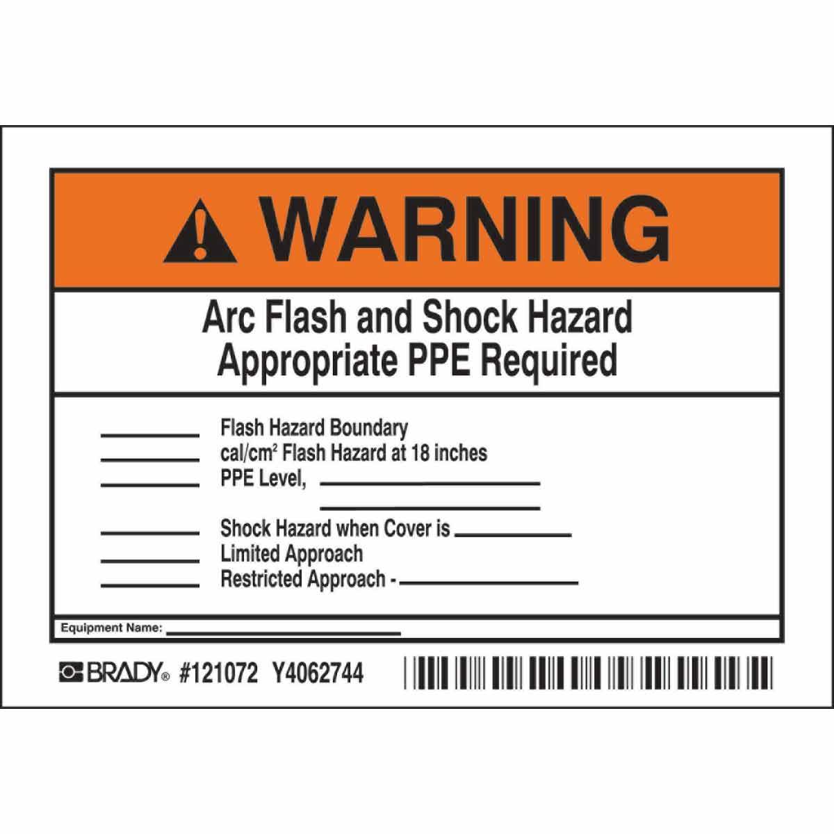 Brady® 121072 Non-Illuminated Non-Laminated Write-On Arc Flash Label, WARNING, 3-1/2 in H x 5 in W, Black/Orange on White, B-7569 Vinyl, Self-Adhesive Mount