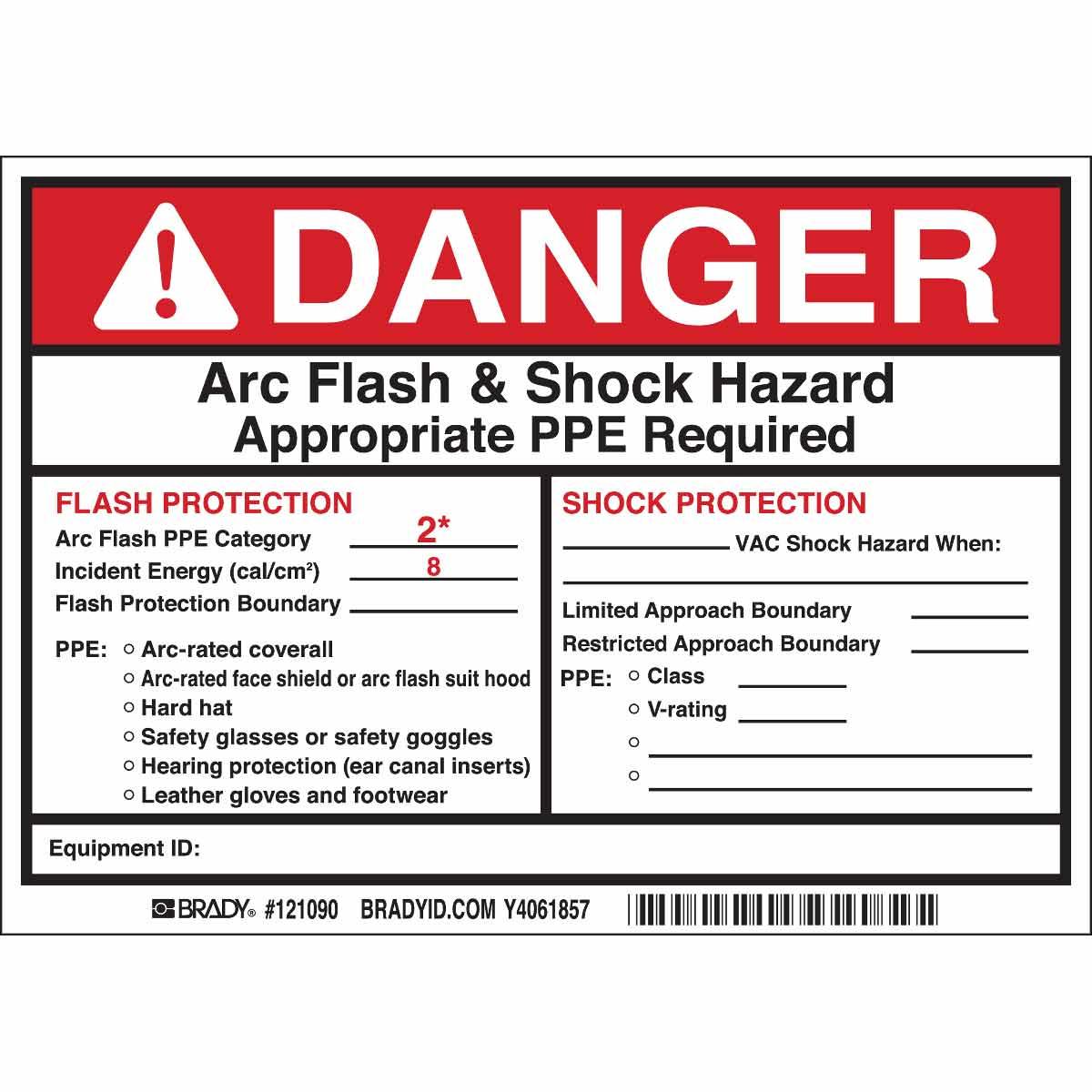 Brady® 121090 Non-Laminated Rectangular Arc Flash Label, DANGER, 5 in H x 7 in W, Black/Red on White, B-7569 Vinyl, Self-Adhesive Mount