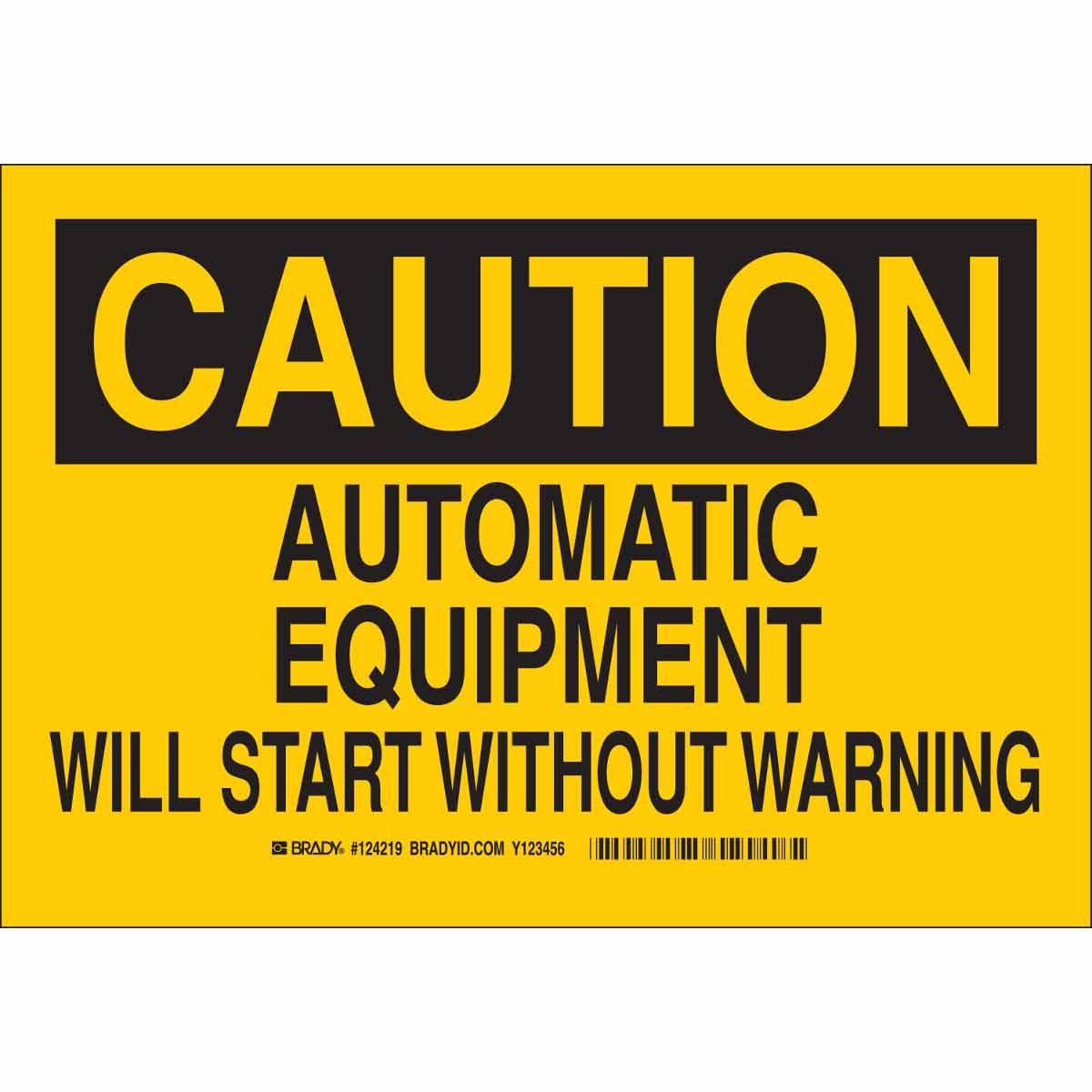 Brady® 124221 High Impact Rectangular Machine and Equipment Sign, CAUTION, 10 in H x 14 in W, Black on Yellow, B-401 Polystyrene, Corner Hole Mount