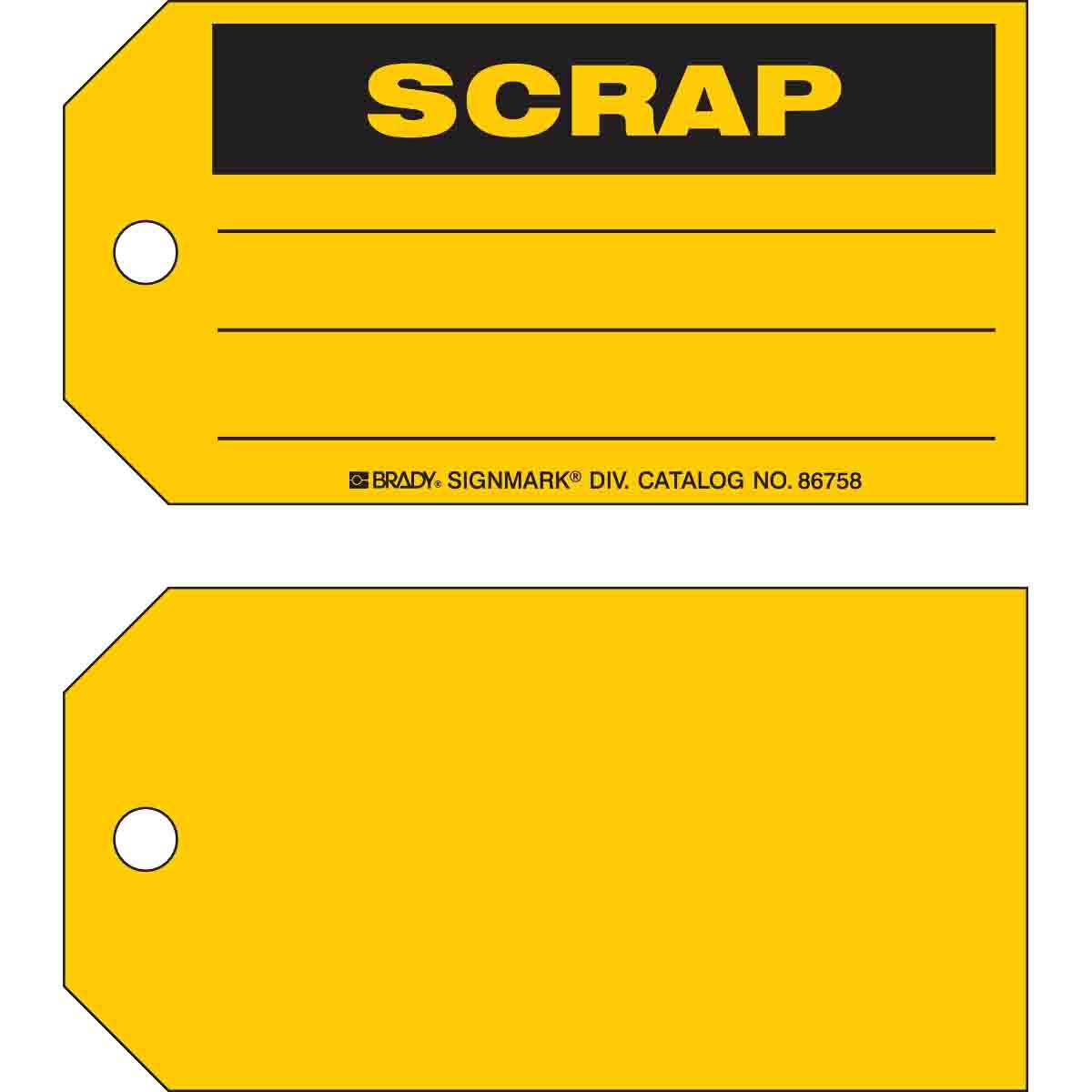 Brady® 86758 1-Sided Rectangular Write-On Production Status Tag, 3 in H x 5-3/4 in W, Black on Yellow, 3/8 in Hole, B-853 Cardstock