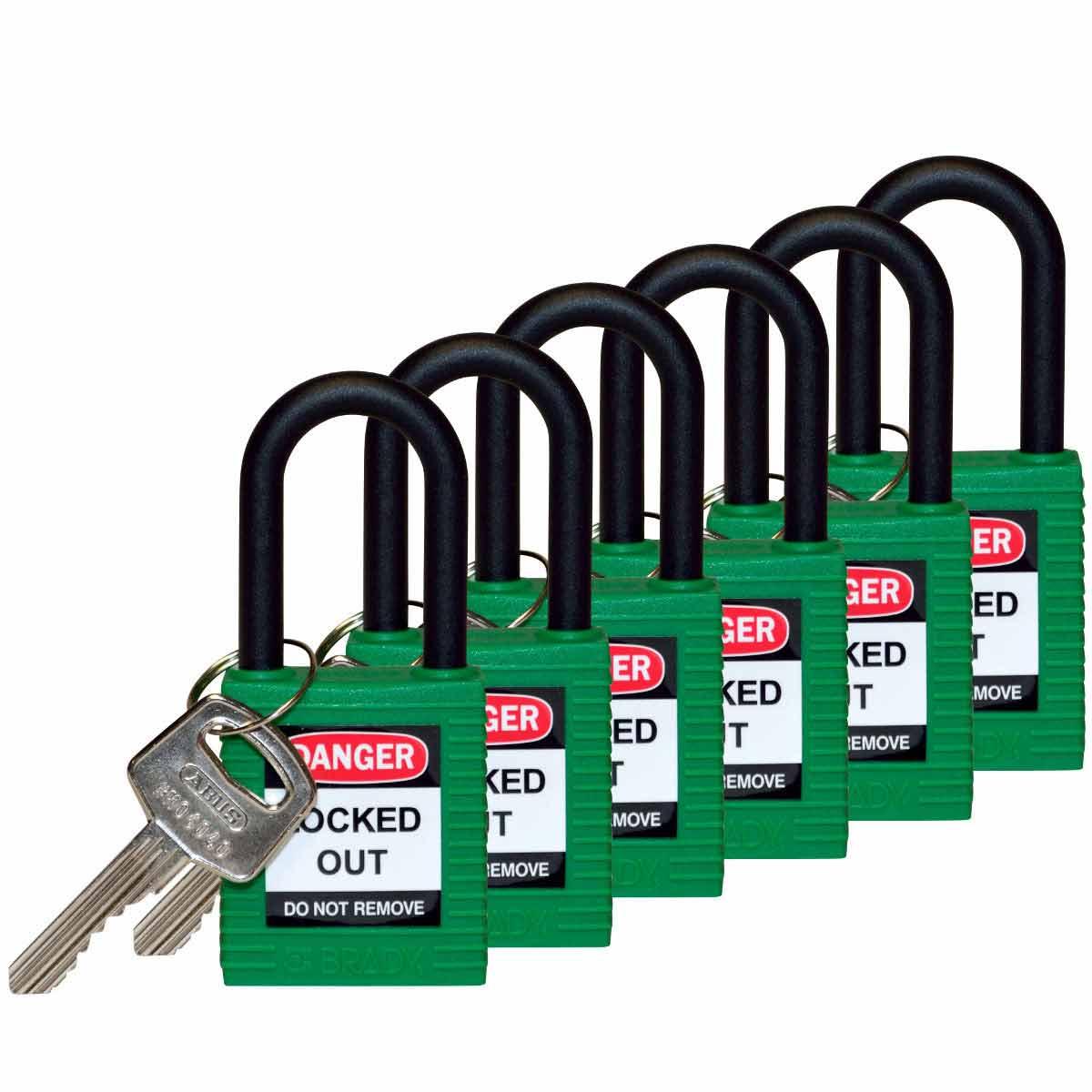 Brady® 123344 Anti-Spark Key Retaining Safety Padlock, Alike Key, Green, Fiberglass Reinforced Nylon Body, 1/4 in Dia x 1-1/2 in H x 0.8 in W Nylon Shackle, 1-3/4 in L Body, Non-Conductive Conductivity