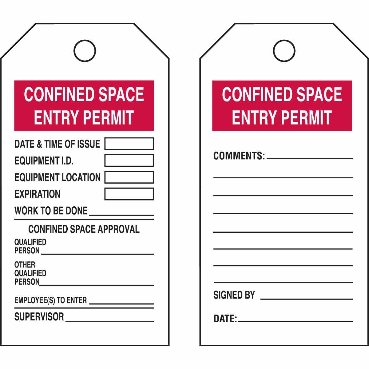 Brady® 49228 Rectangular Confined Space Tag, CONFINED SPACE ENTRY PERMIT, 5-3/4 in H x 3 in W, Black/Red on White, B-851 Polyester