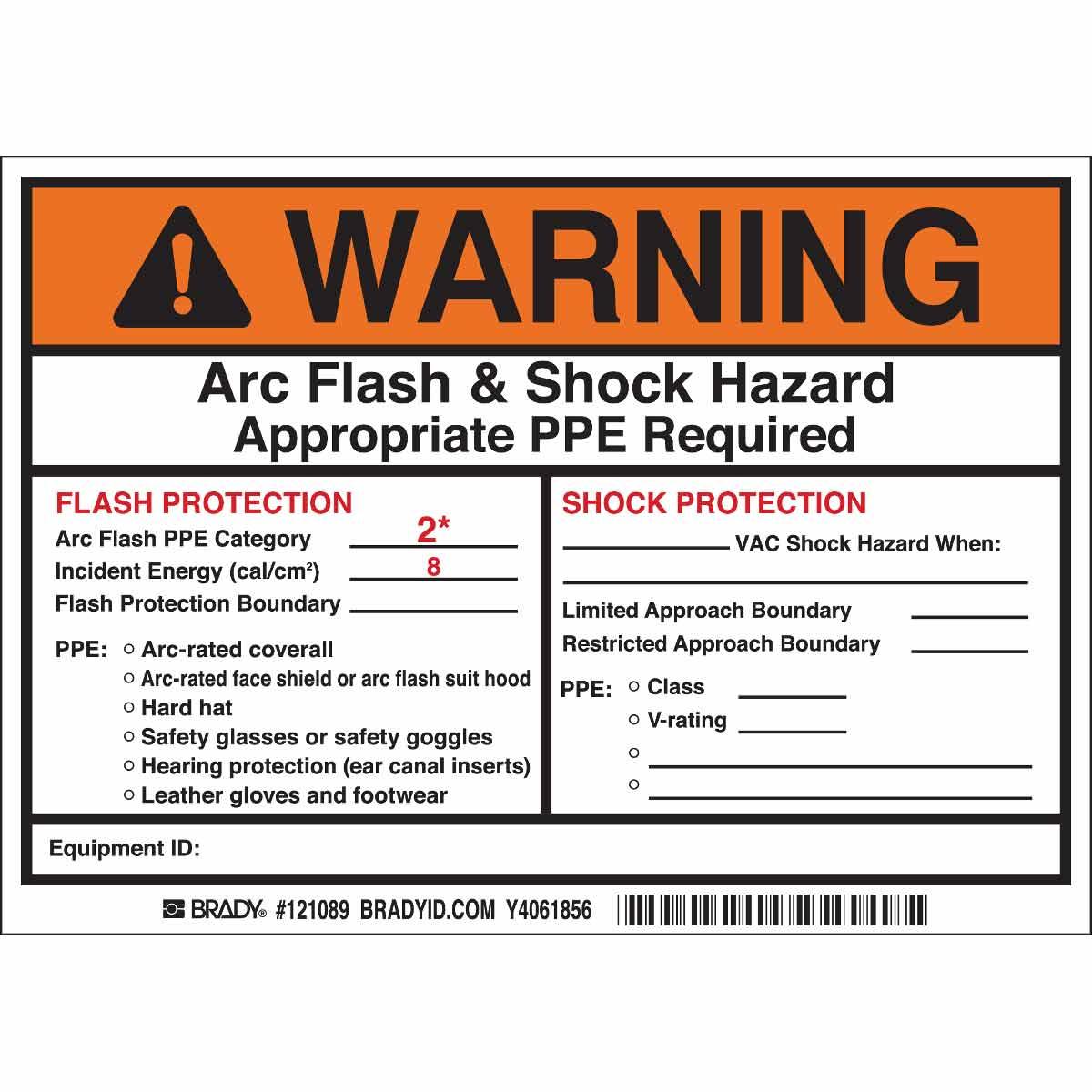 Brady® 121089 1-Sided Non-Laminated Non-Illuminated Rectangular Arc Flash Label, WARNING, 5 in H x 7 in W, Black/Orange on White, B-7569 Vinyl, Self-Adhesive Mount