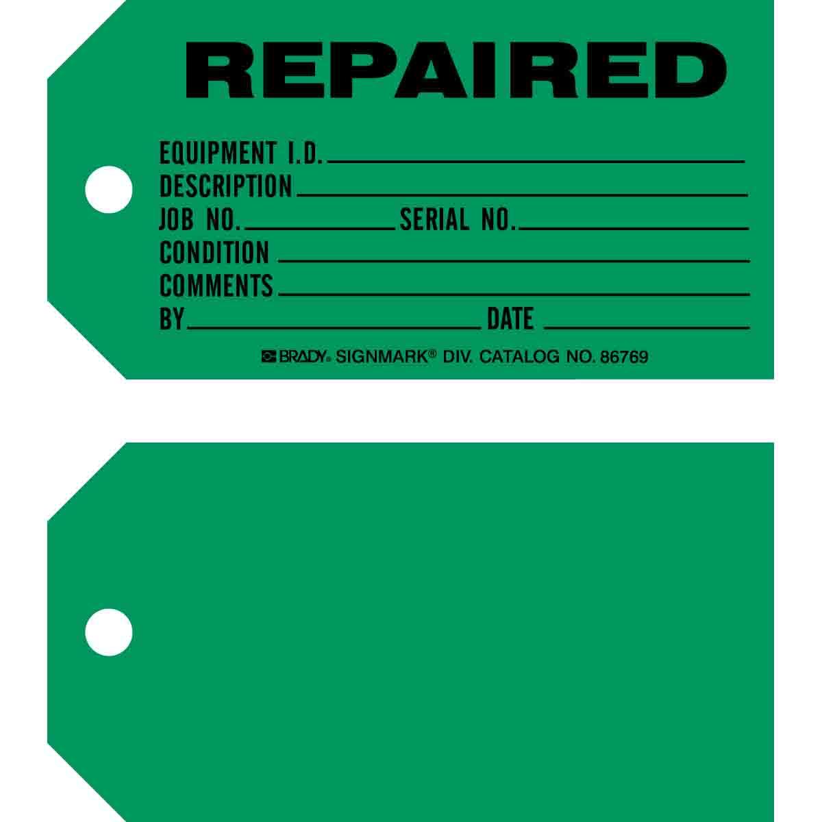 Brady® 86778 1-Sided Rectangular Write-On Equipment Status Tag, 3 in H x 5-3/4 in W, Black on Green, 3/8 in Hole, B-853 Cardstock
