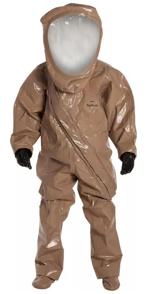 DuPont™ RC550TTN2X000100 Low Visibility Encapsulated Suit With Attached Gloves and Socks, A Level, ASTM D1117, D751, D5597, 16 CFR 1610 Class 1, NAFTA/TAA Compliant, 2XL, Tan, 18 mil Tychem® Responder® CSM, Front Entry, 33-3/4 in L Inseam, Butyl Glove
