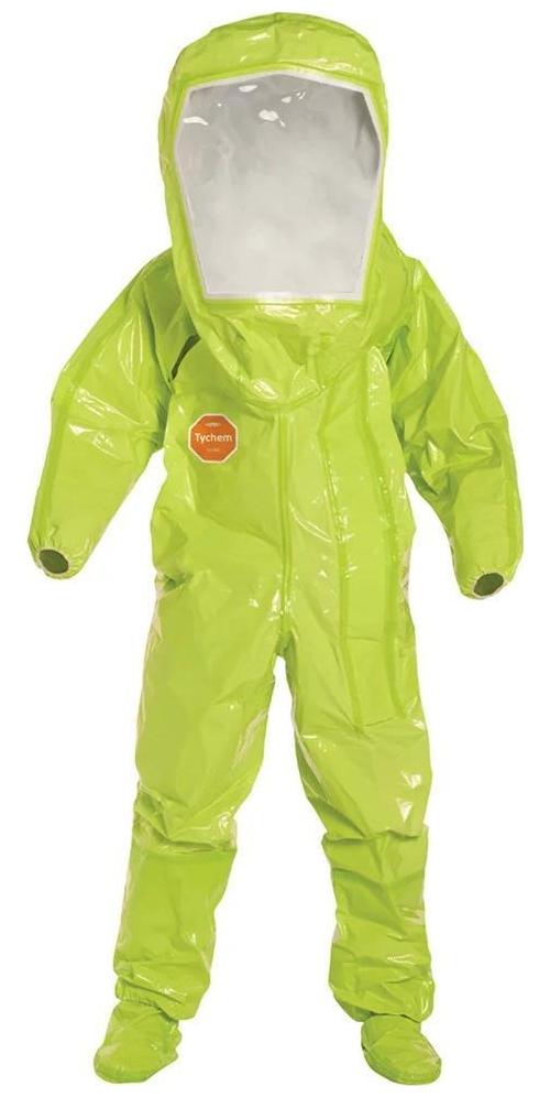 DuPont™ TK527TLY2X000100 High Performance Encapsulated Suit With Attached Socks, B Level, ASTM D1777, D3776, D3787, D5733, D5034, 16 CFR 1610 Class 1, NAFTA/TAA Compliant, 2XL, Lime Yellow, 28 mil Tychem® TK, Front Entry, 32-1/2 in L Inseam