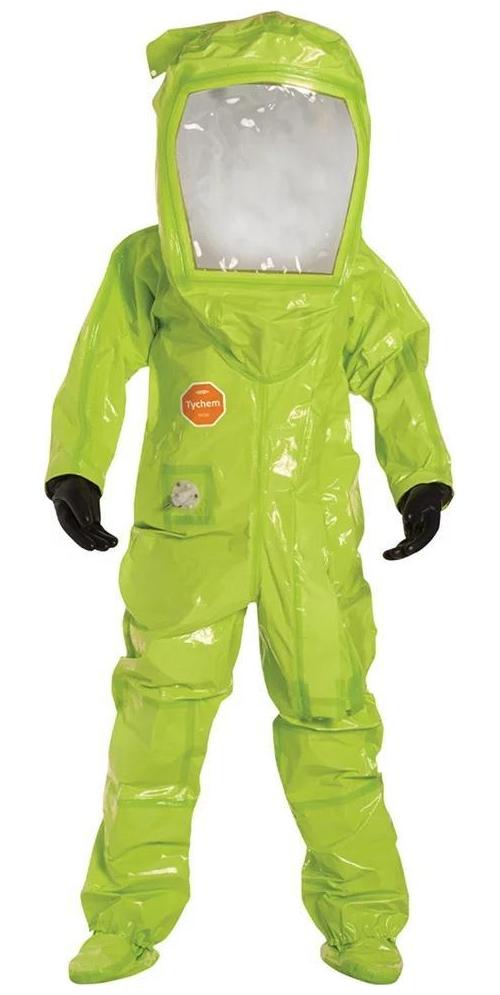 DuPont™ TK552TLY2X00017R High Performance Encapsulated Suit With Attached Gloves and Socks, A Level, ASTM D1777, D3776, D3787, D5733, D5034, F1052, 16 CFR 1610 Class 1, NAFTA/TAA Compliant, 2XL, Lime Yellow, 28 mil Tychem® TK, Front Entry, Tychem® TK Sock