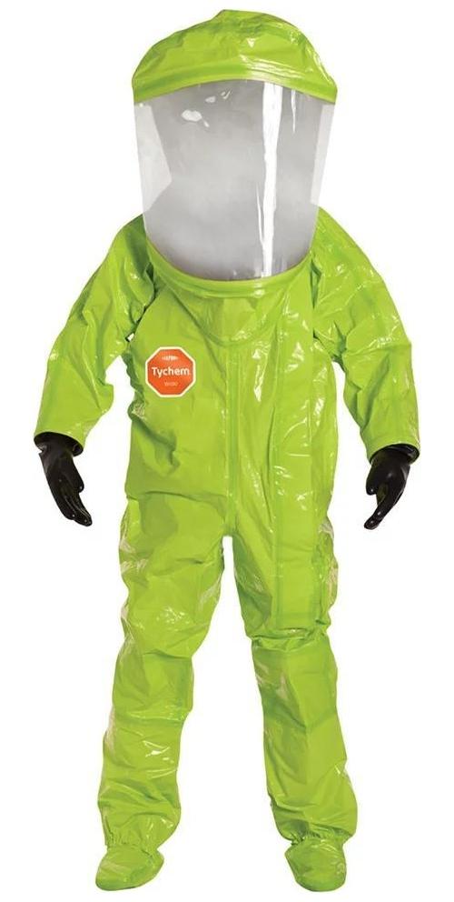 DuPont™ TK554TLY2X000100 High Performance Encapsulated Suit With Attached Gloves and Socks, A Level, ASTM D1777, D3776, D3787, D5733, D5034, F1052, 16 CFR 1610 Class 1, NAFTA/TAA Compliant, 2XL, Lime Yellow, 28 mil Tychem® TK, Front Entry, Tychem® TK Sock