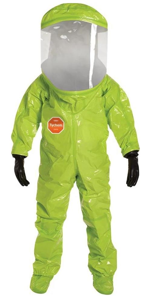 DuPont™ TK555TLY2X000100 High Performance Encapsulated Suit With Attached Gloves and Socks, A Level, ASTM D1777, D3776, D3787, D5733, D5034, 16 CFR 1610 Class 1, NAFTA/TAA Compliant, 2XL, Lime Yellow, 28 mil Tychem® TK, Rear Entry, 32-1/2 in L Inseam