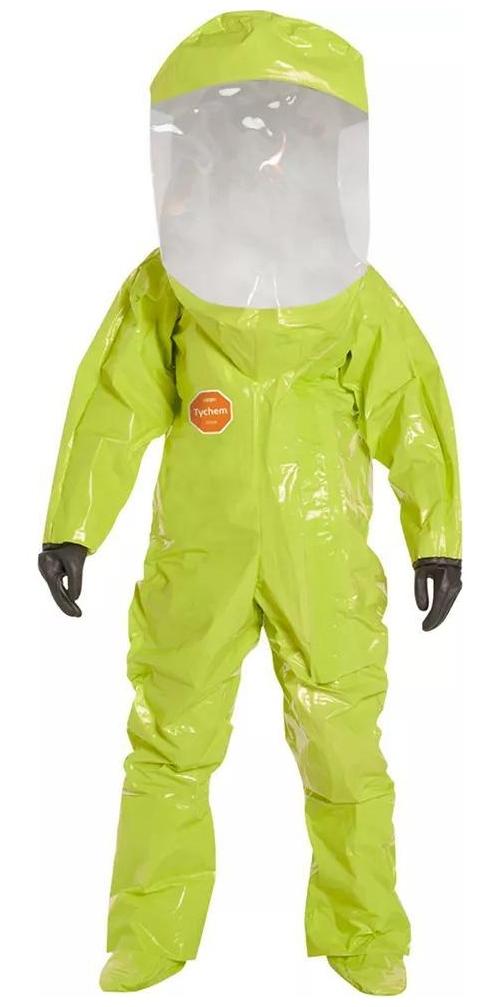 DuPont™ TK586SLY2X000100 High Performance Encapsulated Suit With Attached Gloves and Socks, A Level, ASTM D1777, D3776, D3787, D5733, D5034, 16 CFR 1610 Class 1, NAFTA/TAA Compliant, 2XL, Lime Yellow, 28 mil Tychem® TK, Front Entry, 32-1/2 in L Inseam