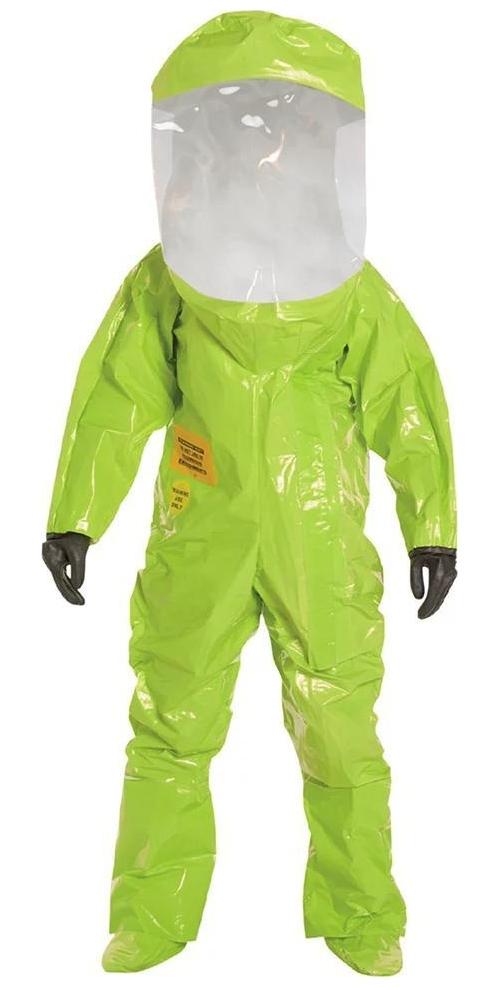 DuPont™ TK587SLY2X000100 High Performance Encapsulated Suit With Attached Gloves and Socks, A Level, ASTM D1777, D3776, D3787, D5733, D5034, 16 CFR 1610 Class 1, NAFTA/TAA Compliant, 2XL, Lime Yellow, 28 mil Tychem® TK, Rear Entry, 32-1/2 in L Inseam