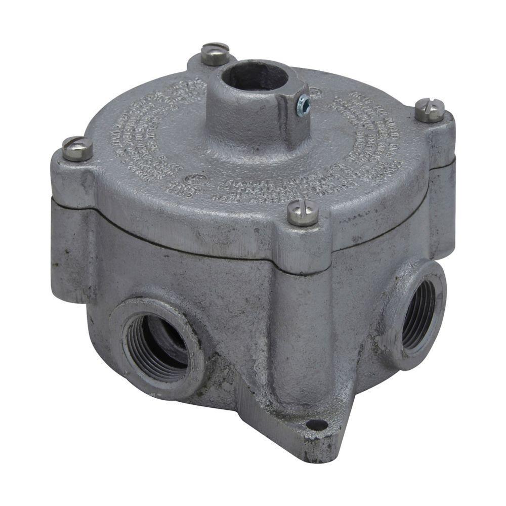 Crouse-Hinds Condulet® CPS12021 Dust-Ignitionproof Explosionproof Conduit Outlet Box With 1/2 in Hub Cover, 3/4 in Hub, 1/2 in Cover Opening, Feraloy Iron Alloy, Electro-Galvanized/Aluminum Acrylic Painted