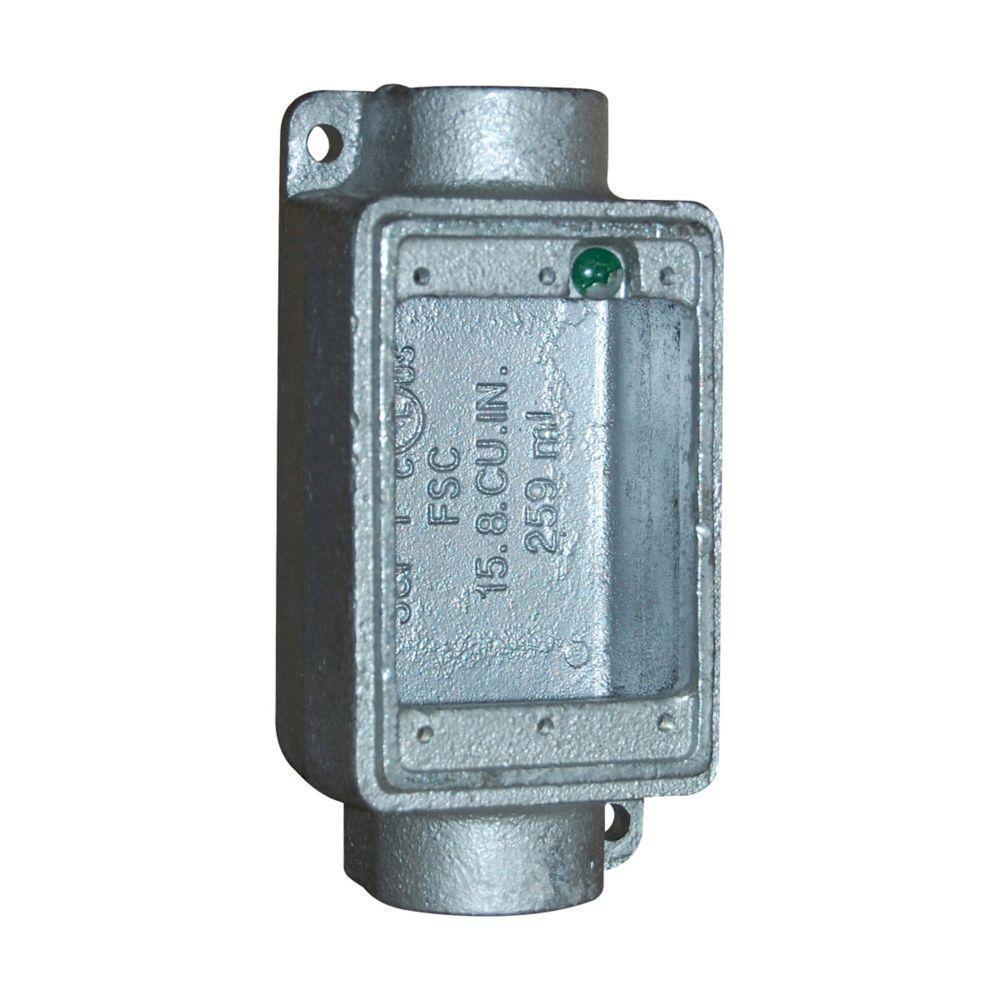 Crouse-Hinds Condulet® FSCM3 2-Entry Type FSC Shallow Conduit Device Box With Mounting Lug, Ground Screw, 1 in Trade, 1 Gang, Malleable Iron, Electro-Plated Zinc