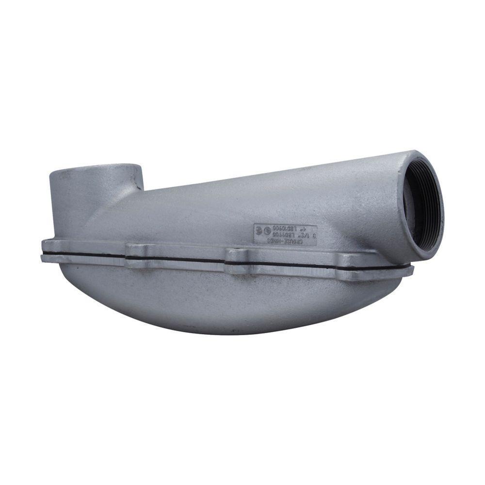 Crouse-Hinds Condulet® LBD10900 Type LBD Conduit Body With Cover, Neoprene Gasket, 4 in Hub, Mogul Form, 507 cu-in Capacity, Feraloy Iron Alloy, Electro-Galvanized/Aluminum Acrylic Painted