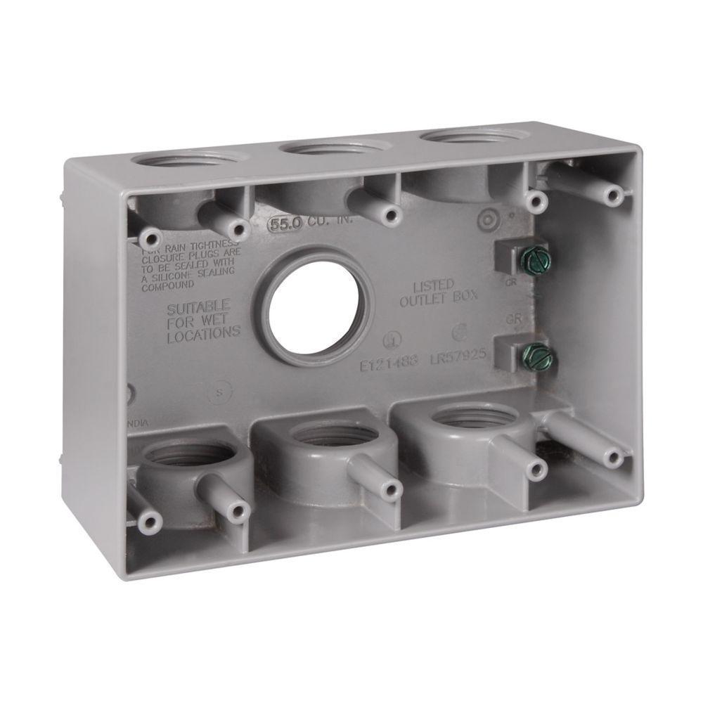 Crouse-Hinds TP7144 Deep Weatherproof Outlet Box With Mounting Lug, Die Cast Aluminum, 59 cu-in Capacity, 3 Gangs, 7 Knockouts, 2-5/8 in D