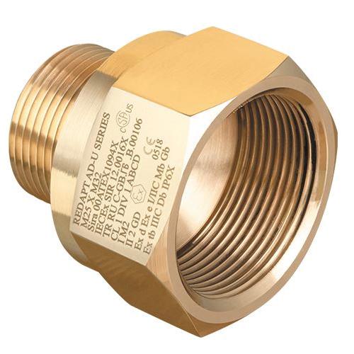 Crouse-Hinds ADU113005 Cable Gland Adapter, M25 Interior Thread, 3/4 in NPT Exterior Thread, -50 to 180 deg C Operating, Brass, Electroless Nickel