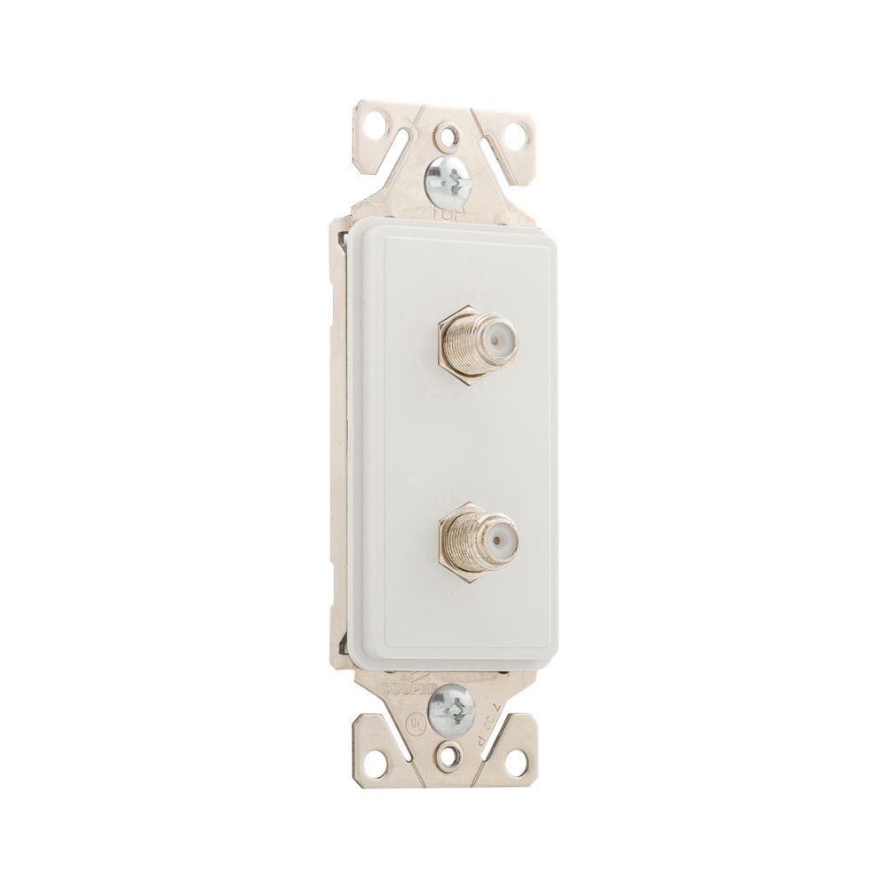 EATON Aspire® 9548-2WS 3-Way Coax Jack Adapter Double Decorator Insert With Preset and LED Indicator, Polycarbonate, White Satin