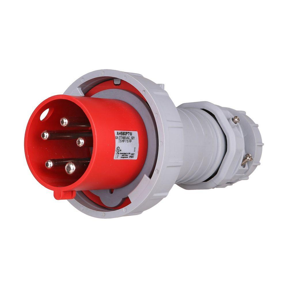 EATON AH560P7W Industrial Arrow Hart Pin and Sleeve Plug, 277/480 VAC, 60 A, 4 Poles, 5 Wires, Red