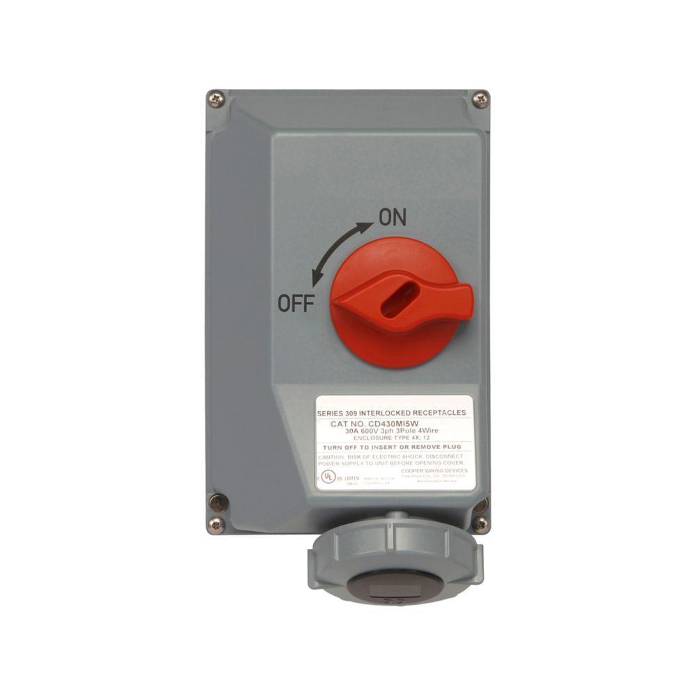 EATON Arrow Hart® CD430MIF5W 3-Phase Fusible Grounding Watertight Pin and Sleeve Mechanical Interlock Device, 600 VAC, 30 A, 3 Poles, 4 Wires