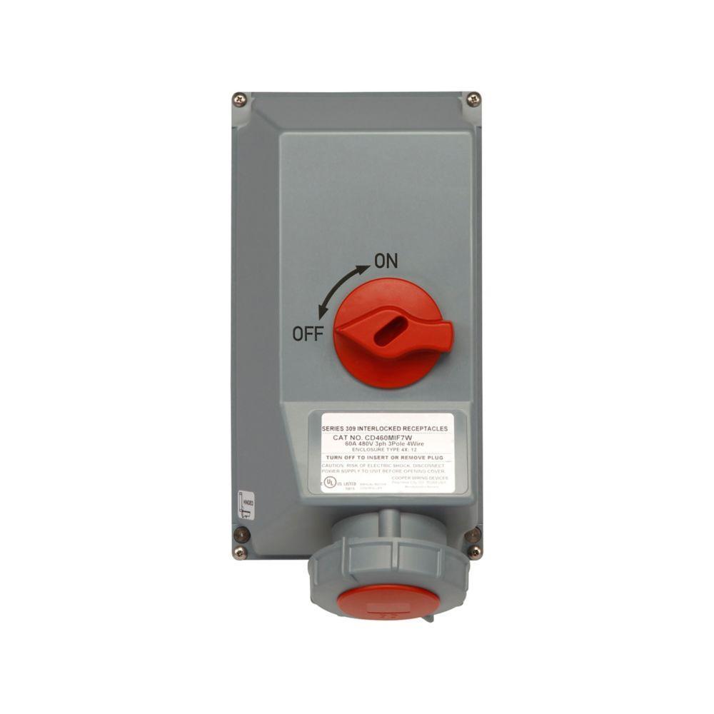 EATON Arrow Hart™ CD460MIF7W CD Series 3-Phase Extra Heavy Duty Fusible Grounding Watertight Pin and Sleeve Mechanical Interlock, 480 V, 60 A, 3 Poles, 4 Wires