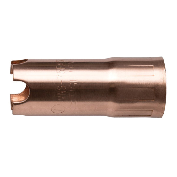 Tweco® VNS50F Fixed Threaded-Flush Light Duty Self Insulated Nozzle, 1/2 in, For Use With Velocity 2™ MIG Welding Gun, Solid Copper