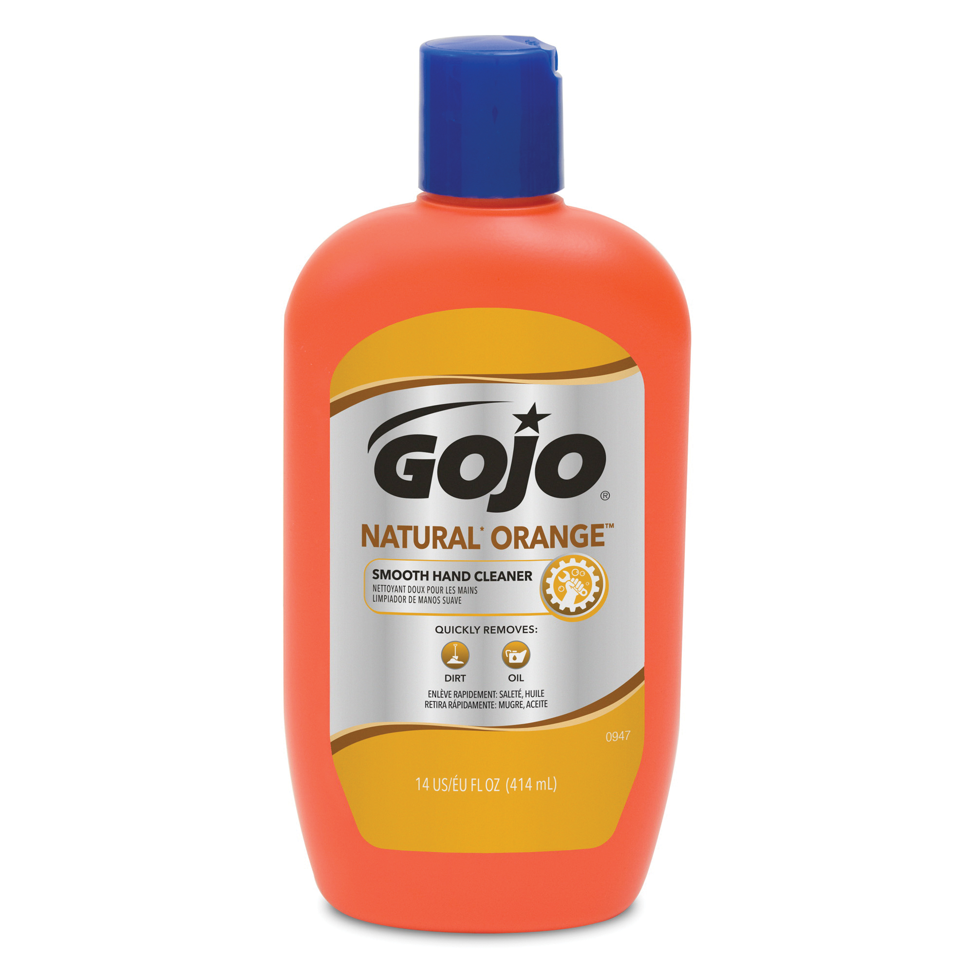 GOJO® 0947-12 NATURAL ORANGE™ Smooth Hand Cleaner, 14 oz Nominal, Bottle Package, Liquid Form, Citrus/Orange Odor/Scent, Gray/Opaque White