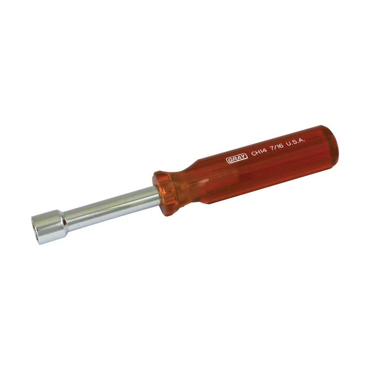 Gray Tools CH14 Nutdriver, 7/16 in, Hex Shank, Brown Handle, ANSI Specified, Polished Chrome