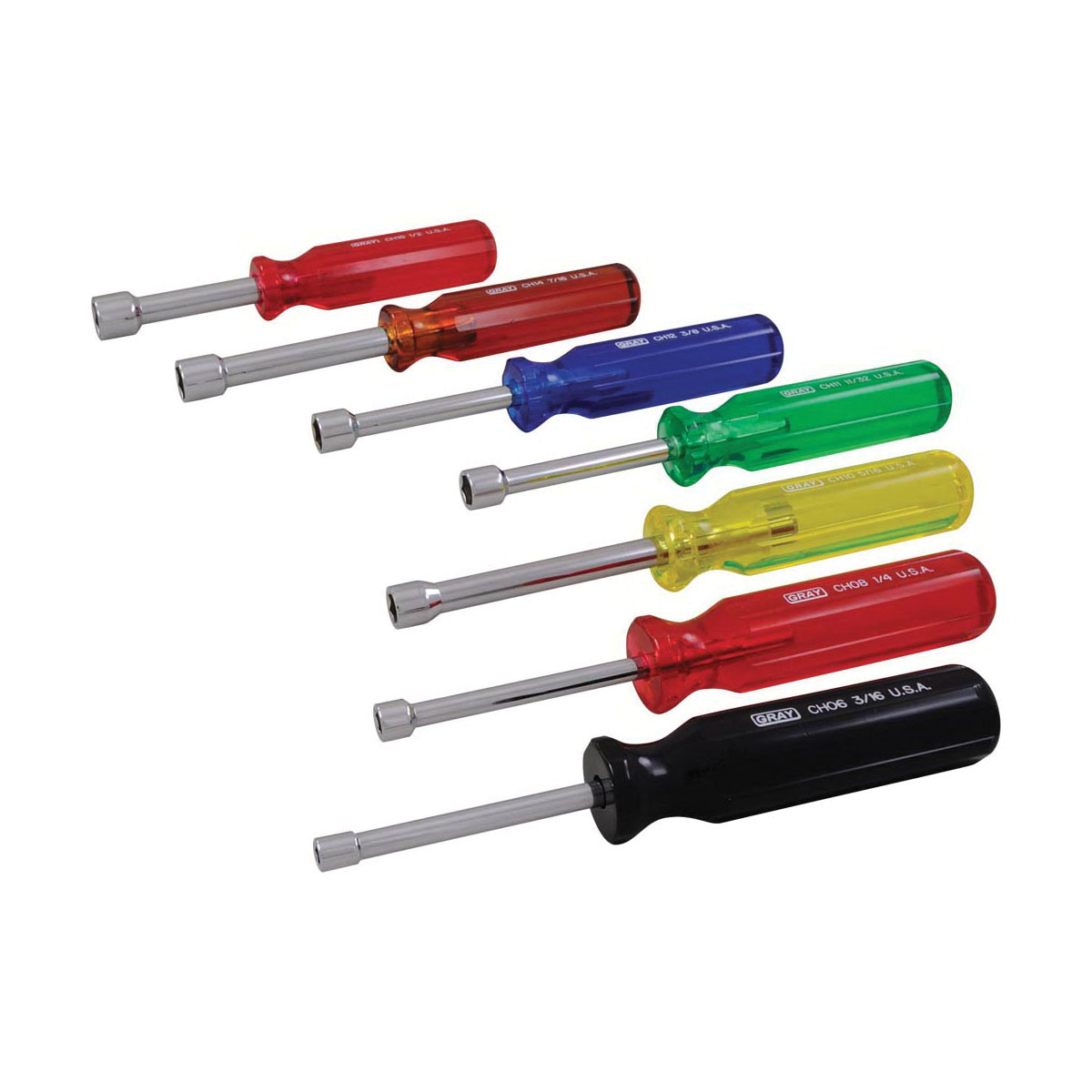 Gray Tools CHS7A Non-Magnetic Nutdriver Set, 3/16 to 1/2 in, 7 Pieces, Acetate Handle, Polished Chrome